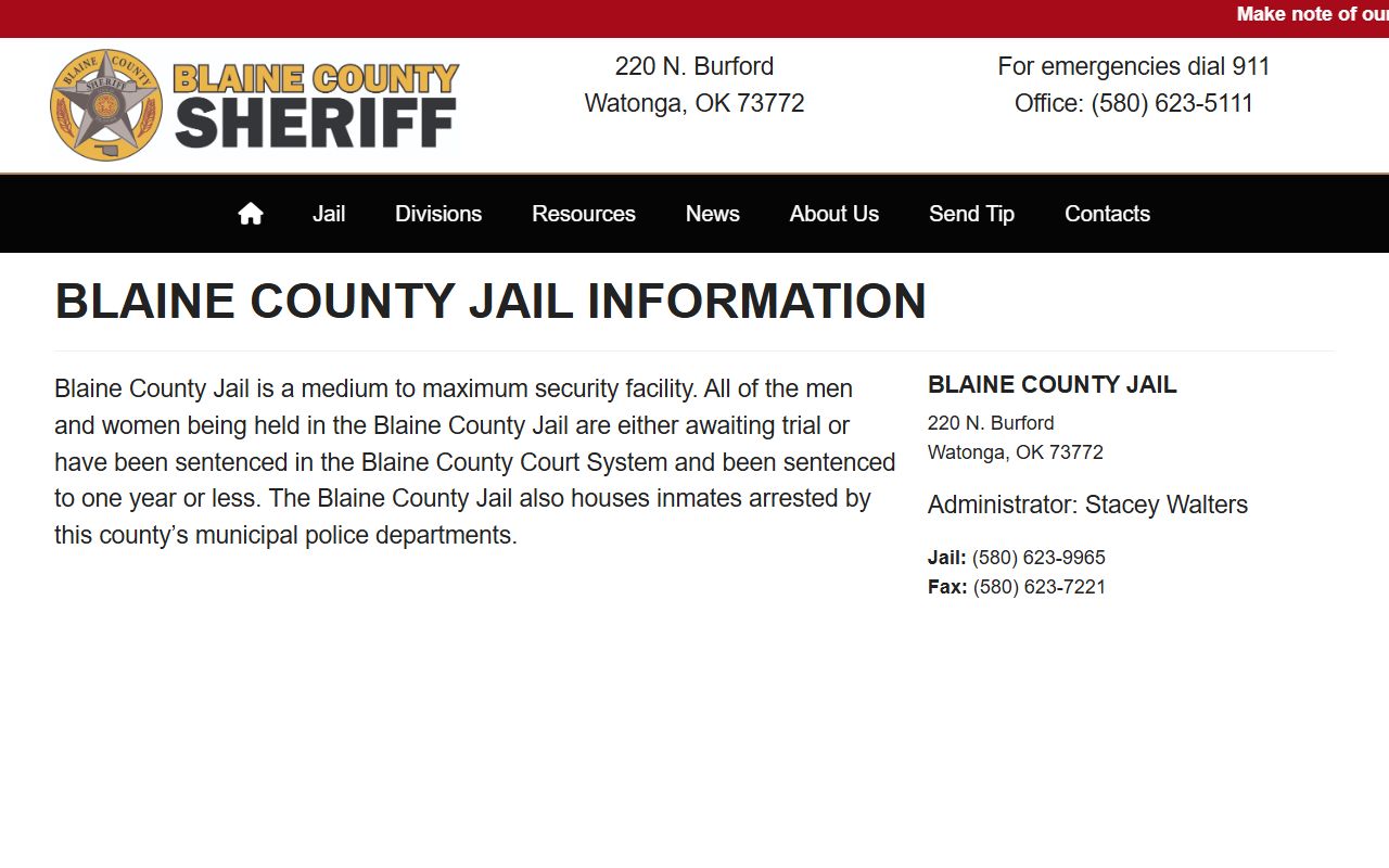 Blaine County Jail inmate lookup jail information page
