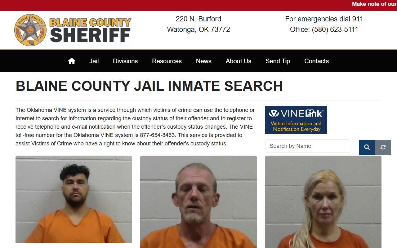 Blaine County inmate population jail roster search page
