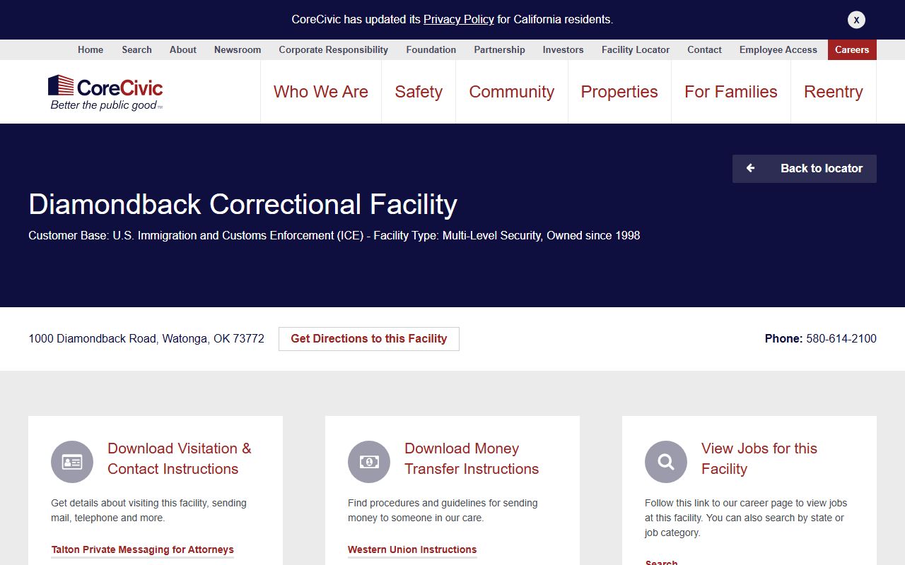 Diamondback Correctional Facility detainee lookup CoreCivic page in Blaine County